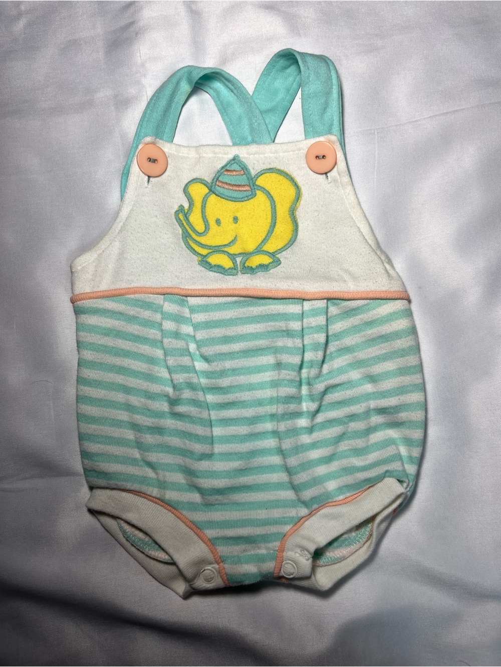 Vintage 80s Doe Spun Elephant Hat‎ Overall Romper Pastel Striped Baby 3-6M